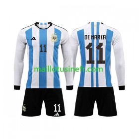 Maillot de Foot Argentine 3 Stars Di Maria 11 Domicile Coupe du monde 2022 Manches Longues - Enfant